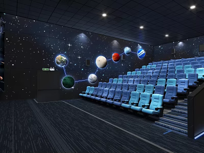 Starry Sky Themed Cinema Interior With Planets Decoration Blue Seats And Staircase Seating Arrangement 3d model