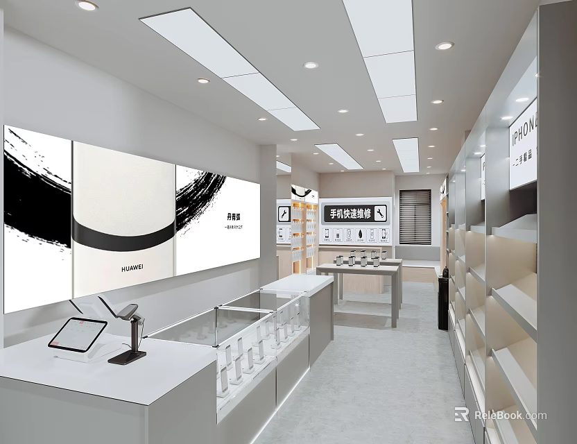 Bright Modern Digital Store Interior Design With Neat Product Displays And Comfortable Shopping Space 3d model 