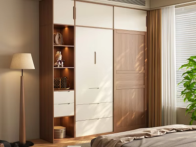 Modern Wardrobe Interior Design With Wooden White Panels Open Shelves And Drawers 3d model