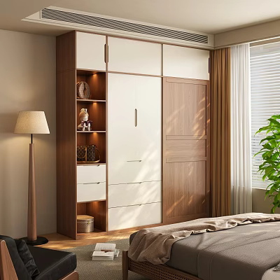 Modern Wardrobe Interior Design With Wooden White Panels Open Shelves And Drawers 3d model