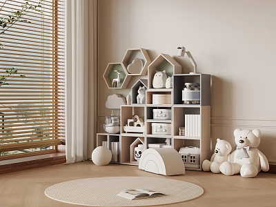 Geometric Storage Cabinets in Kids Room with Stuffed Toys Round Rug and Wooden Floor 3d model