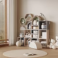 Geometric Storage Cabinets in Kids Room with Stuffed Toys Round Rug and Wooden Floor
