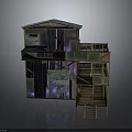 Multi Story Rustic House Model With Sloped Roof Wooden Structure Glass Panels Balconies And Staircase