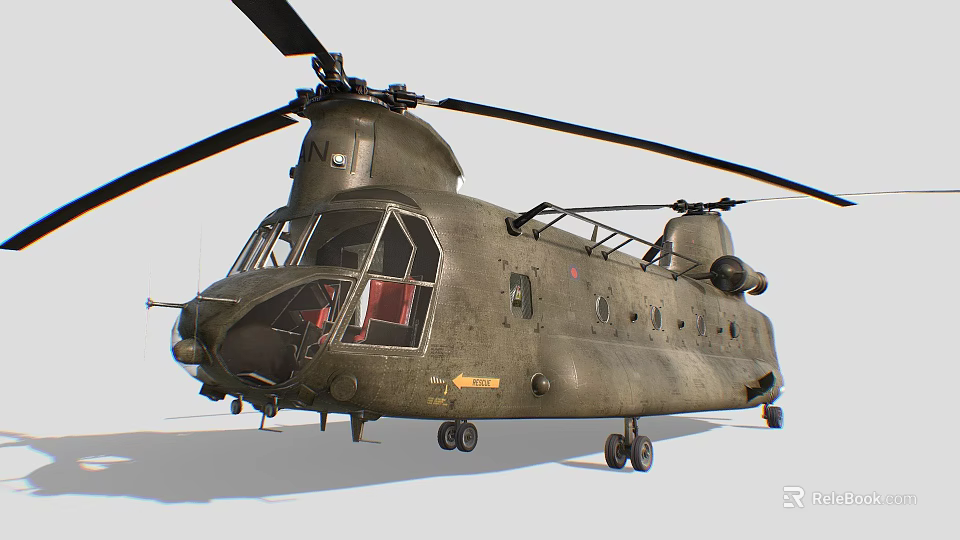 Olive Green Military Helicopter With Twin Rotors Open Door And Landing Gear 3d model 