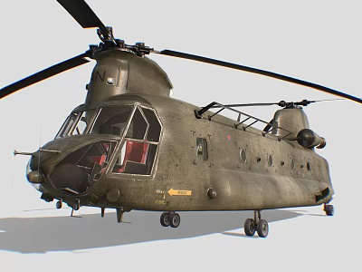 Olive Green Military Helicopter With Twin Rotors Open Door And Landing Gear 3d model