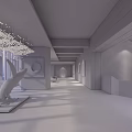 Modern Exhibition Hall Interior With Large Chandelier Red Abstract Painting Metal Sculpture And Marble Floor