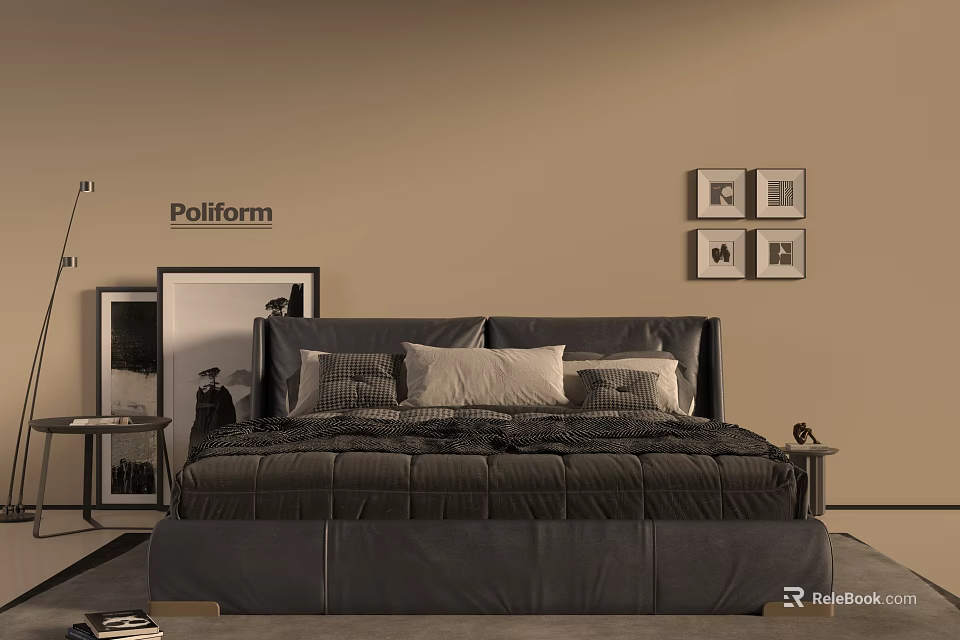 Poliform Modern Gray Velvet Double Bed With Nightstands And Decorative Frames 3d model