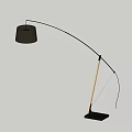 Modern Curved Arm Floor Lamp With Wooden Pole Black Base And Dark Lampshade