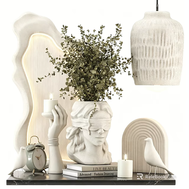 Elegant Decorative Ornament Set With Greenery Face Vase Hand Candle Holder Dove Figurine Arched Decor 3d model 