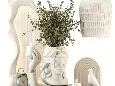 Elegant Decorative Ornament Set With Greenery Face Vase Hand Candle Holder Dove Figurine Arched Decor 3d model