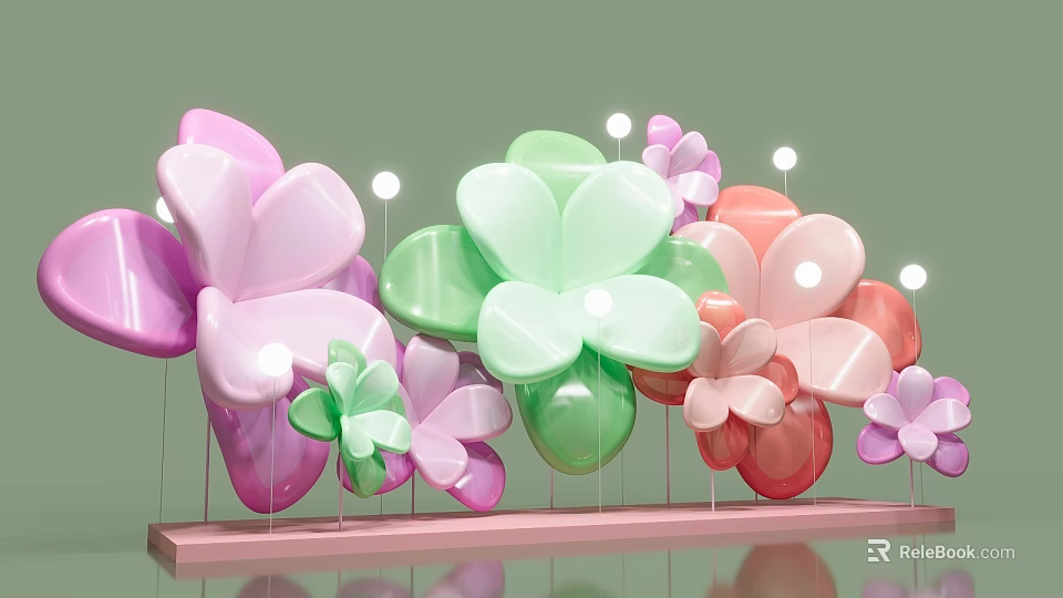 Vibrant Flower Shaped Photo Check in Spot with Pink Green Red Petals and LED Lights 3d model 