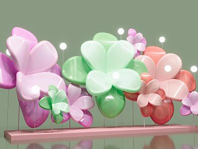 Vibrant Flower Shaped Photo Check in Spot with Pink Green Red Petals and LED Lights 3d model