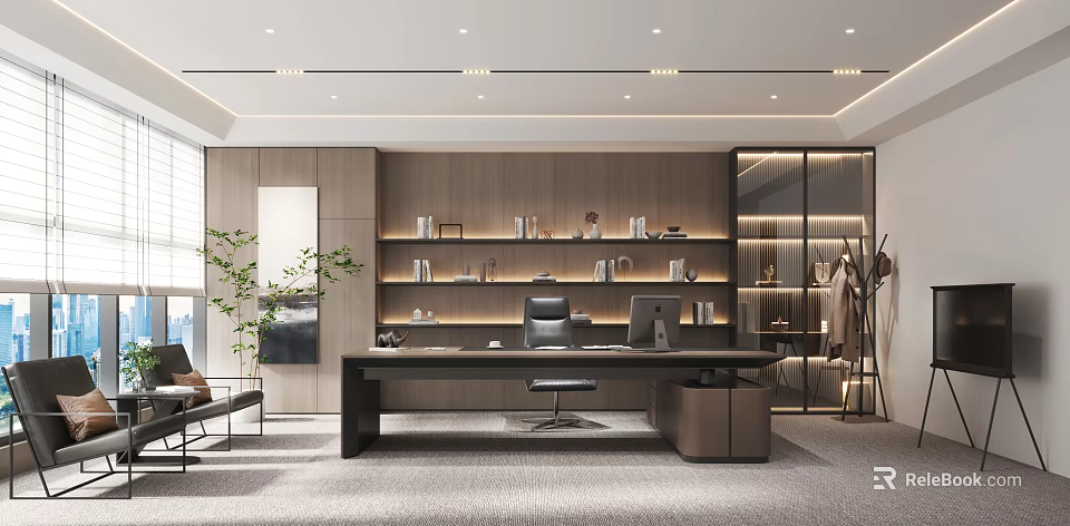 Modern Office Interior With Wooden Desk Office Chair Bookshelves And Green Plant 3d model 