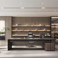 Modern Office Interior With Wooden Desk Office Chair Bookshelves And Green Plant