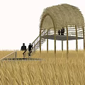 Thatched Roof Wooden Pavilion In Golden Grassland With Stairs And People Around