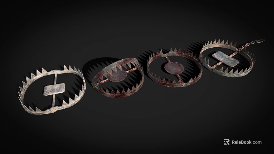 Industrial Equipment Four Spiked Rusty Metal Traps Arranged In A Row 3d model 