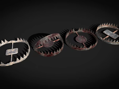 Industrial Equipment Four Spiked Rusty Metal Traps Arranged In A Row 3d model