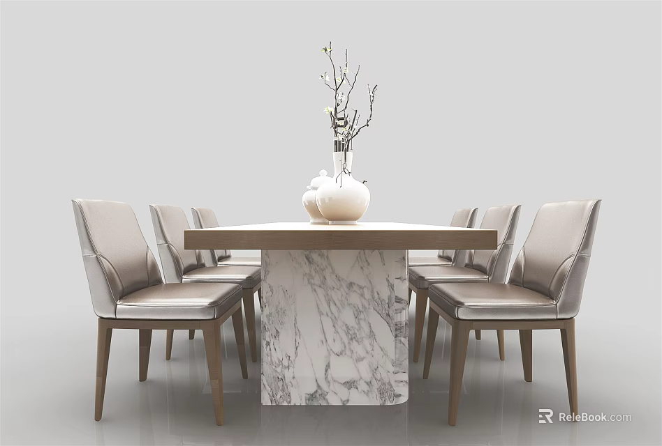 Sleek Modern Dining Table Set With Marble Base Six Light Gray Chairs And Vase Decoration 3d model