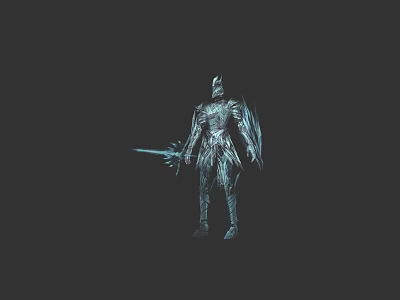Game Movie Character In Icy Crystal Armor Holding Ice Blue Sword On Dark Background 3d model