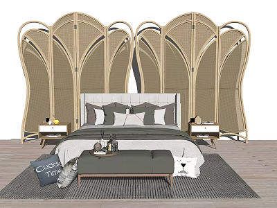 Double Bed in Background with Rattan Screen Gray Pillows Nightstands Bench Rug Cat Magazine 3d model