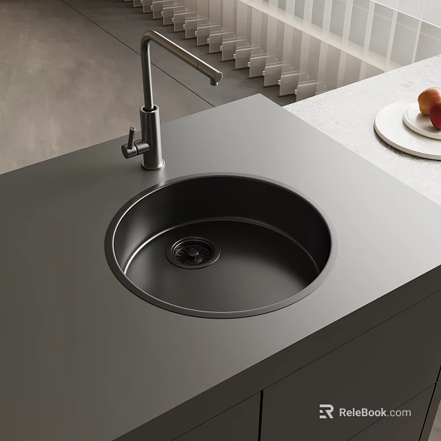 Round Kitchen Sink in Modern Gray Countertop with Stainless Steel Faucet and Fruit on Plate 3d model 
