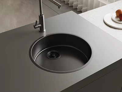 Round Kitchen Sink in Modern Gray Countertop with Stainless Steel Faucet and Fruit on Plate 3d model