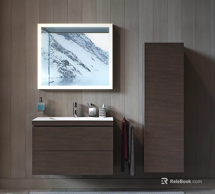 Modern Wooden Bathroom Cabinet With Tall Cabinet And Mountain View Mirror 3d model 