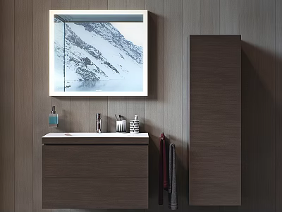 Modern Wooden Bathroom Cabinet With Tall Cabinet And Mountain View Mirror 3d model