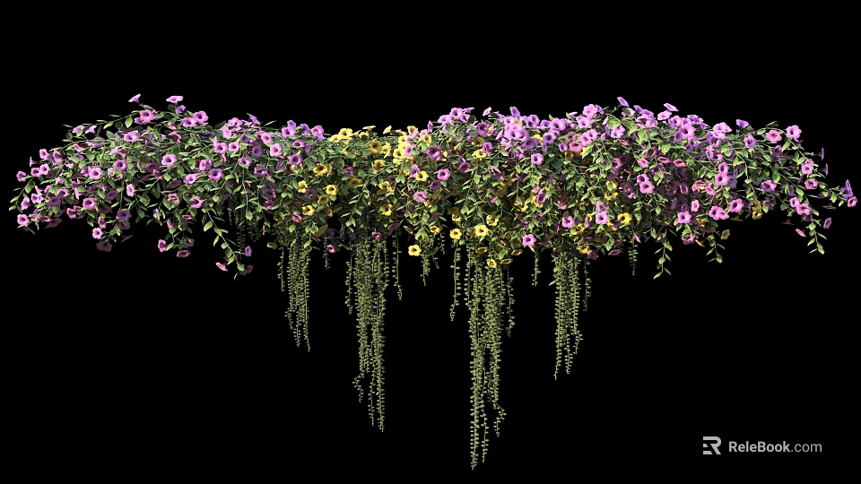 Decorative Hanging Basket Plants With Purple Yellow Flowers And Trailing Vines 3d model 