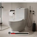 Modern White Toilet In Bathroom Interior With Toilet Paper Holder And Shower Area