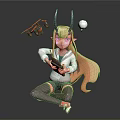 Anime Character With Black Horns Long Blonde Hair Holding Device Red Drone And White Ball