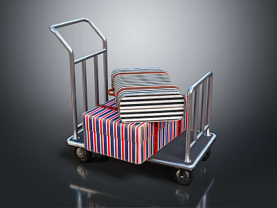 Metal Cart With Red Blue White Striped Packages And Wheels On Dark Background 3d model