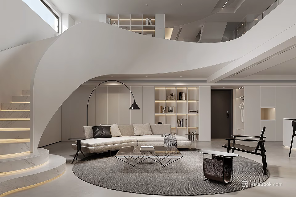 Modern Living Room Interior With White Spiral Staircase Beige Sofa Round Rug And Bookshelves 3d model 