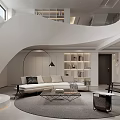 Modern Living Room Interior With White Spiral Staircase Beige Sofa Round Rug And Bookshelves