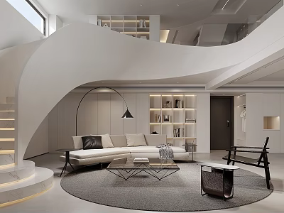 Modern Living Room Interior With White Spiral Staircase Beige Sofa Round Rug And Bookshelves 3d model