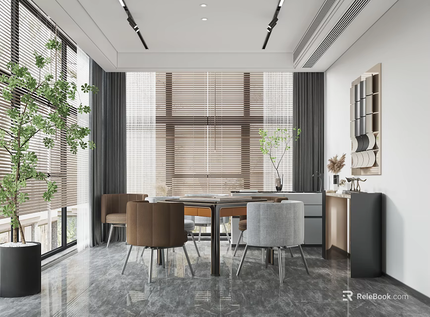 Modern Hotel Chess Room Interior With Comfortable Chairs Wooden Table And Green Plants 3d model 