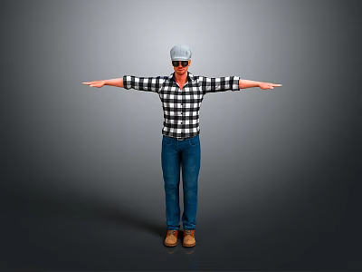 Man In Plaid Shirt Jeans And Cap With Sunglasses Arms Outstretched Standing 3d model