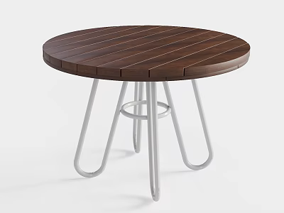 Round Wooden Dining Table With Striped Top And Curved Silver Metal Legs 3d model