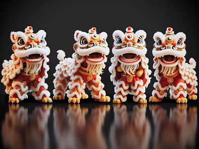Red White Lion Dance Figurines With Ornate Details On Black Reflective Surface 3d model