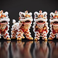 Red White Lion Dance Figurines With Ornate Details On Black Reflective Surface