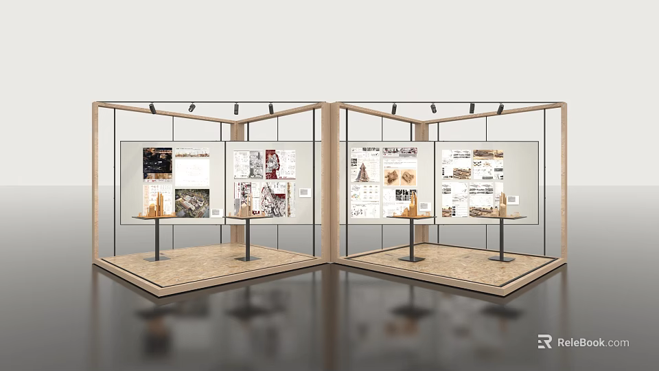 Exhibition Display Wall With Glass Frame Display Boards And Lighting Setup 3d model 