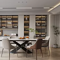 Modern Restaurant Interior Design With Dining Table Chairs Wine Racks Window And Plant 3d model