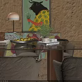Modern Glass Top Dining Table Set With Light Gray Chairs Black Legs And Colorful Painting