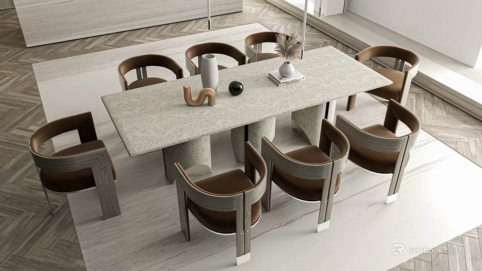 Modern Dining Table Set With Stone Top And Wooden Frame Leather Chairs 3d model