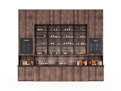 Wooden Wine Cabinet With Multi tiered Shelves Wine Bottles And Menu Boards 3d model