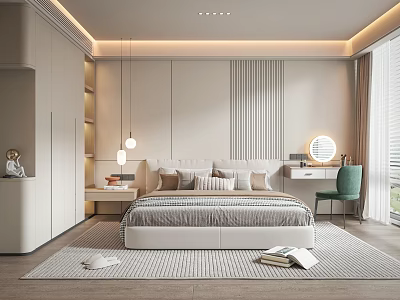 Modern Bedroom Interior Design With Light Walls Bed Gray Beige Pillows Rug And Green Chair 3d model