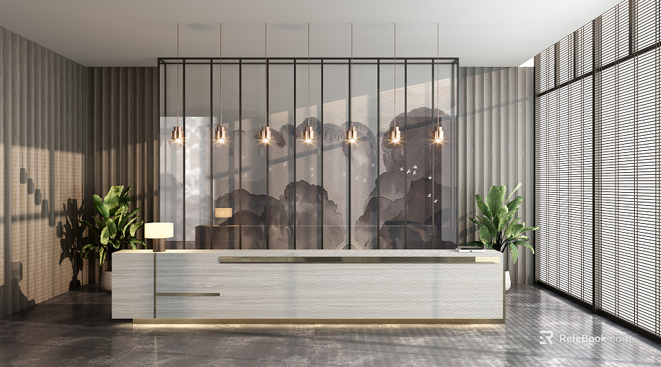 Modern Reception Desk Interior Design With Metal Grid Screen Pendant Lights And Green Plants 3d model 