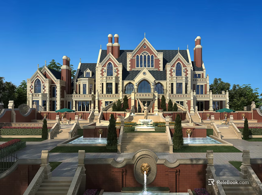 Elegant Single Family Villa With European Architecture Red Brick Fountain And Landscaped Gardens 3d model 