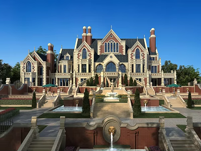 Elegant Single Family Villa With European Architecture Red Brick Fountain And Landscaped Gardens 3d model