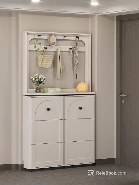 White Double Door Shoe Cabinet With Wall Hooks Hanging Bags Umbrellas Flower Vase And Lamp 3d model 